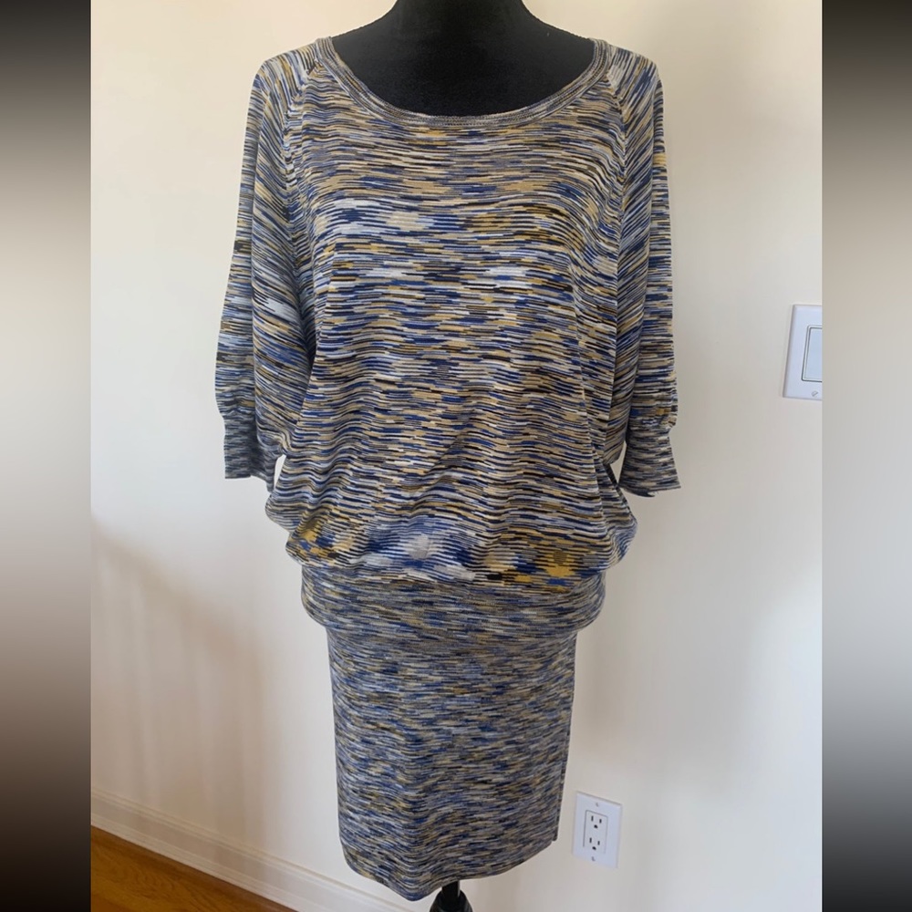 BCBG MAXAZRIA Womens Draped Kimono Sleeve Navy Combo Fitted Bottom Dress Size S